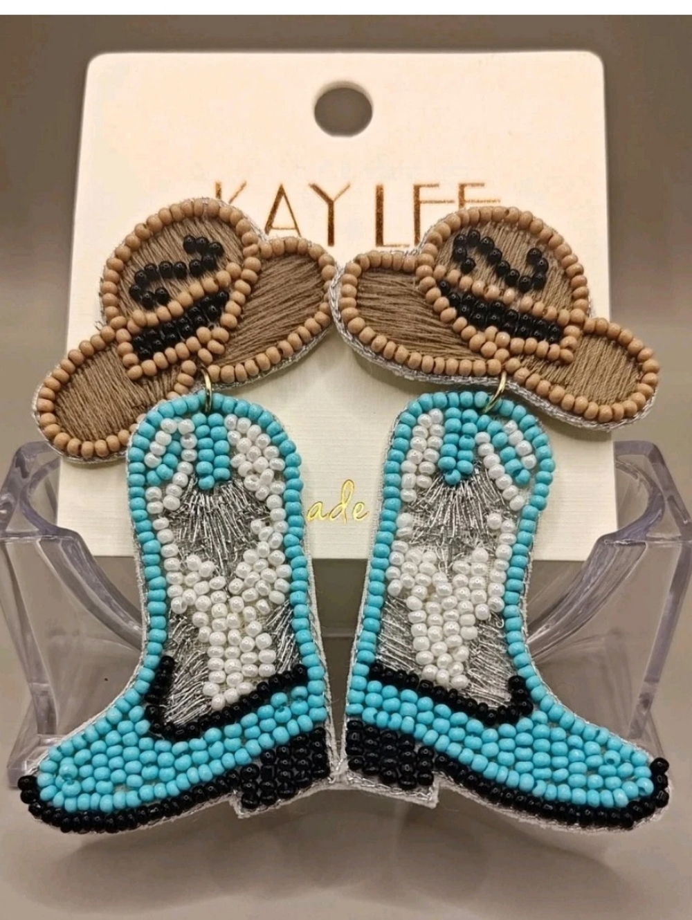 Kay Lee Handmade Seed Beaded Earrings Cowboy Hat Boots Post Back Western New